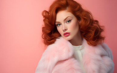 Beautiful redhead woman in pastel pink faux fur coat, retro glamour.