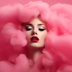 Obraz na płótnie Canvas Face of a beautiful girl or woman, head in the clouds, dreams, imagination, creative aesthetic hot pink portrait.