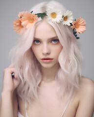 Young woman with Nordic blond hair with a flower wreath on her head, spring mood.