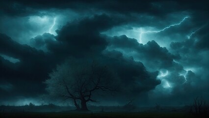 Obraz na płótnie Canvas Black dark Green blue dramatic night sky. Gloomy ominous storm rain clouds background. Cloudy thunderstorm hurricane wind lightning