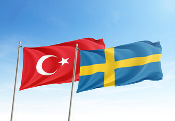 Flags of Türkiye and Sweden are waving in the sky. agreement, friendship, cooperation