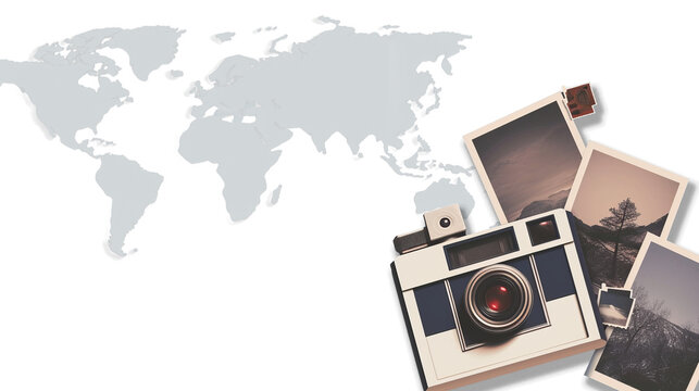 World travel concept with vintage camera and photos on transparent background. Perfect for tourism, adventure, and global exploration themes.