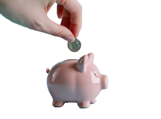 Hand inserting coin into piggy bank on transparent background. Concept of savings and financial planning.