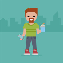 Hipster with telephone and drink. Flat design. Vector illustration