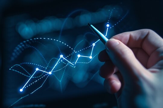 Close-up of hand with stylus interacting with glowing digital graph. Ideal for technology and business concepts.