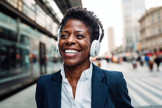 Generative AI portrait of a joyful african american businesswoman in the city