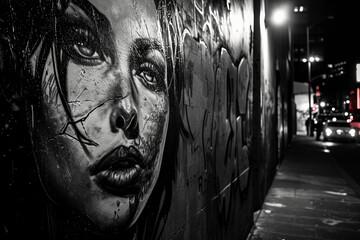 graffiti of a woman's face with a fierce expression, monochromatic scale with a splash of red