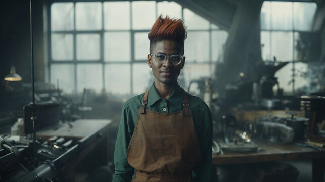 Generative AI image of transgender confident entrepreneur in workshop