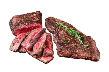 Grilled sliced skirt beef meat steak Transparent background. Isolated.