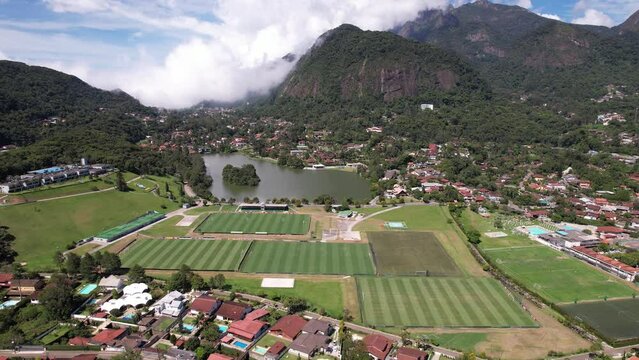 Aerial drone orbit of Granja Comary in the high altitude city of Teresopolis, the headquarters and main training center of the Brazil national football team