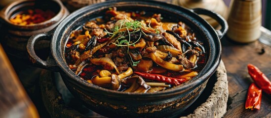 Spicy dry pot with Chinese King trumpet mushroom.
