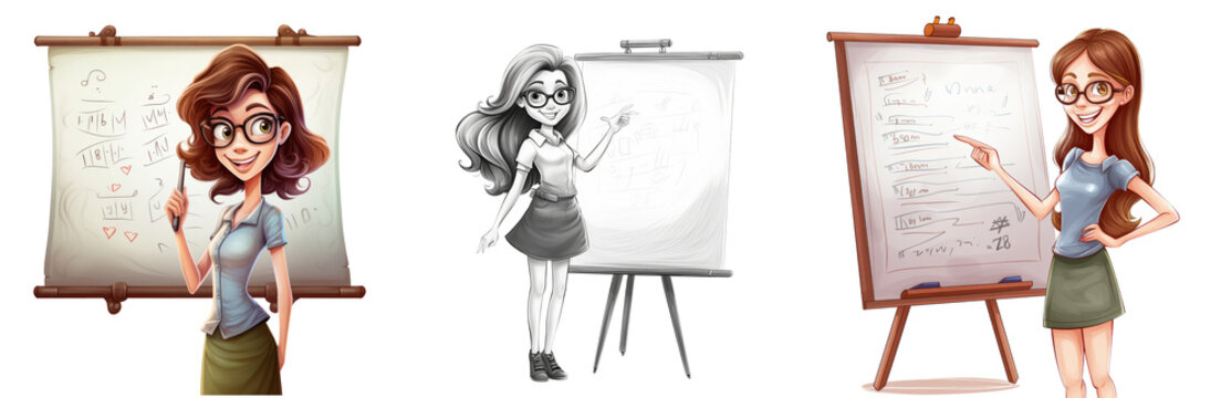 Engaging cartoon teacher characters set with different poses by whiteboards on transparent backgrounds. Ideal for educational content.
