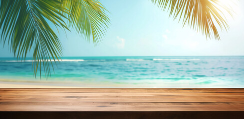 Fototapeta na wymiar Summer tropical sea with waves, palm leaves and blue sky with clouds. Perfect vacation landscape with empty wooden table.