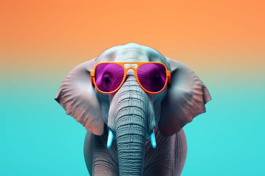 Creative animal concept. elephant in sunglass shade glasses isolated on solid pastel background, commercial, editorial advertisement, surreal surrealism photography