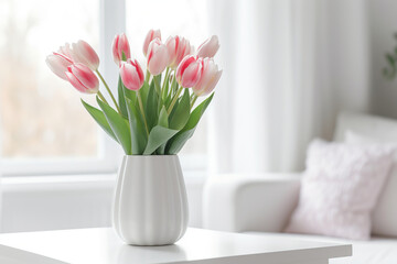 Pink Tulips in vase in white interior in living room