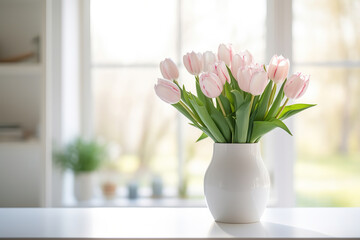Tulips in vase on table in living room