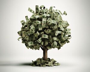 This is a high-resolution 3d render of a rooted tree with a thick stock that is growing currency for it's leaves over a white background.