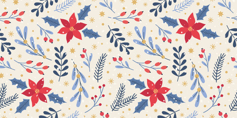 Christmas and Happy New Year seamless pattern. Hand drawn Christmas tree, snowflakes, flowers, berries. New Year symbols. Holiday winter background.