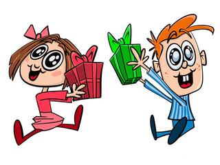 Kids with Christmas Presents Cartoon Sketch Style for the Holidays