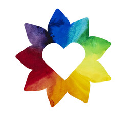 ausgespartes Herz in Blume aus Regenbogenfarben als Konzept für gay pride, Aquarellfarben