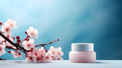 Fotobehang cream with pink sakura blossom branch © Kateryna Kordubailo