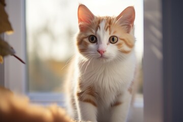 Naklejka na ściany i meble Window sill charm Young red and white kitten on the windowsill