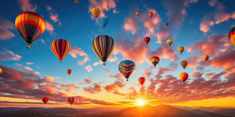 Obraz premium Balloons flying in the sky above the lake against the backdrop of sunset