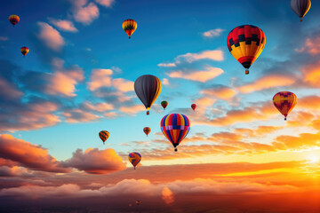 Naklejka premium Balloons flying in the sky above the lake against the backdrop of sunset