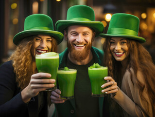 A man with a beard in a green hat and two girls with long hair in a hat drink green beer together in a bar, celebrating St. Patrick's Day
