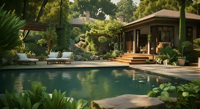 A backyard oasis with a swimming pool and lush lan