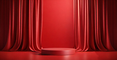 3d podium red background and fabric curtain with spotlight luxury