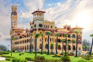 Montaza Palace beautiful full view, popular place of Alexandria, Egypt - obrazy, fototapety, plakaty