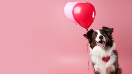 Fototapeta na wymiar Sweet border collie pup embracing love: heart-shaped balloon isolated - valentine's day concept, high-quality image