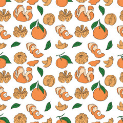 Seamless pattern with colorful tangerine peel with leaf isolated on white background. Hand drawn vector sketch flat illustration of citrus fruit in cartoon realistic style. Wrapping paper, gift.