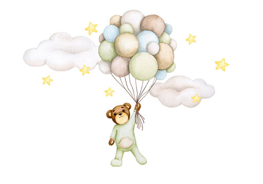 recommend clip art: Baby bear flying on a bunch of helium balloons. Birthday, baby shower, children's party. Children's watercolor illustration. Design element for greeting cards, posters, banners, logo, invitations..