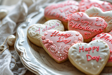 heart-shaped cookies adorned with the words "Happy Valentine's Day," combining sweetness and minimalistic charm