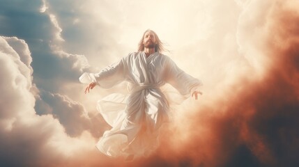 Resurrection of jesus christ  ascending to heaven, divine light, clouds, second coming concept