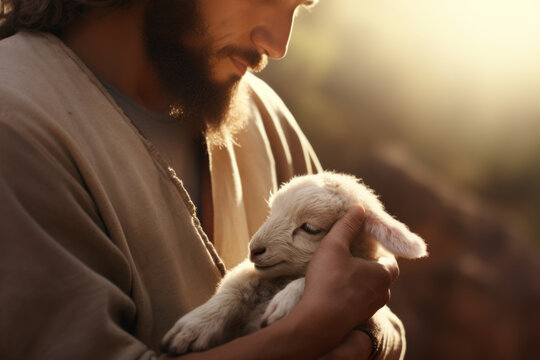 AI Generated Image of Jesus Christ holding a little lamb of Easter holiday concept