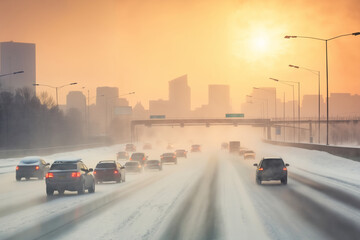 snow covered road in a winter city, fog on the highway, concept of traffic safety on a slippery road