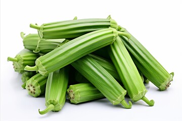 Obraz premium Fresh okra on white backdrop visually captivating element for ads packaging designs