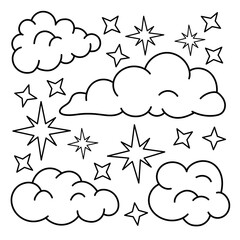 Clouds and stars set. Sky, background, coloring page. Black and white vector illustration.