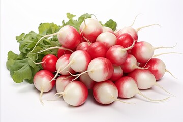 Fresh radishes on white backdrop for captivating visuals in ads and packaging designs