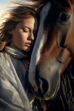 Generative AI image of a blonde woman with closed eyes, resting her head against a brown horse with a white stripe down its face