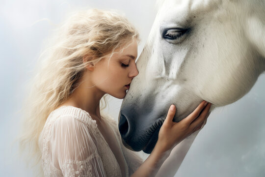 Generative AI image side view of a blonde woman in a white dress, intimately embracing a white horse's head