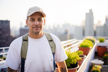 Generative AI image of man on urban rooftop garden