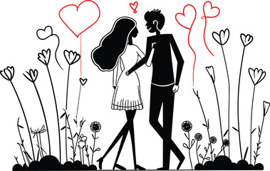 Romantic couple line art vector, Valentine concept, love illustration, romantic partners, relationship art, Valentine's Day graphic, romantic silhouette, couple in love, dating concept - obrazy, fototapety, plakaty