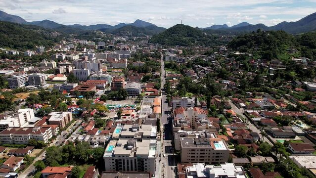 Aerial drone view of the city of Teresopolis in the mountainous region of Rio de Janeiro, Brazil with the iconic Alta Market in the foreground