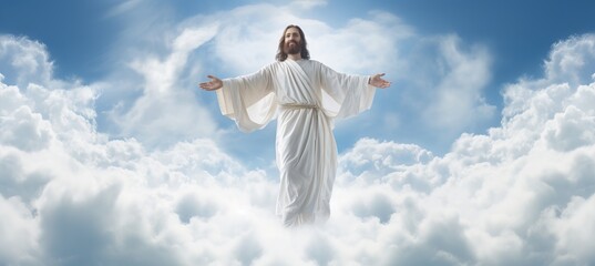 Jesus christ ascending to heaven with divine light and clouds, symbolizing god and second coming.