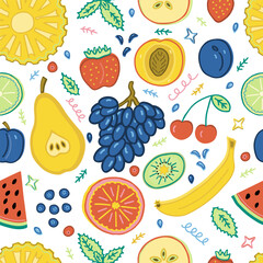Seamless pattern: Exotic fruits and berries isolated on white. Pineapple, strawberry, apple,  lime, grapefruit, pear, cherry,watermelon, plum, peach, grape, kiwi, mint.