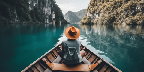 Zelfklevend Fotobehang Young man in hat in a boat in Thailand  © Erzsbet